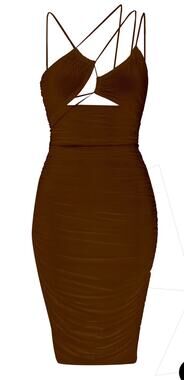 NWT LEAU Seoul Strap Cut-out Mesh Bodycon Dress Strappy Ruched Brown Sz XS Sexy